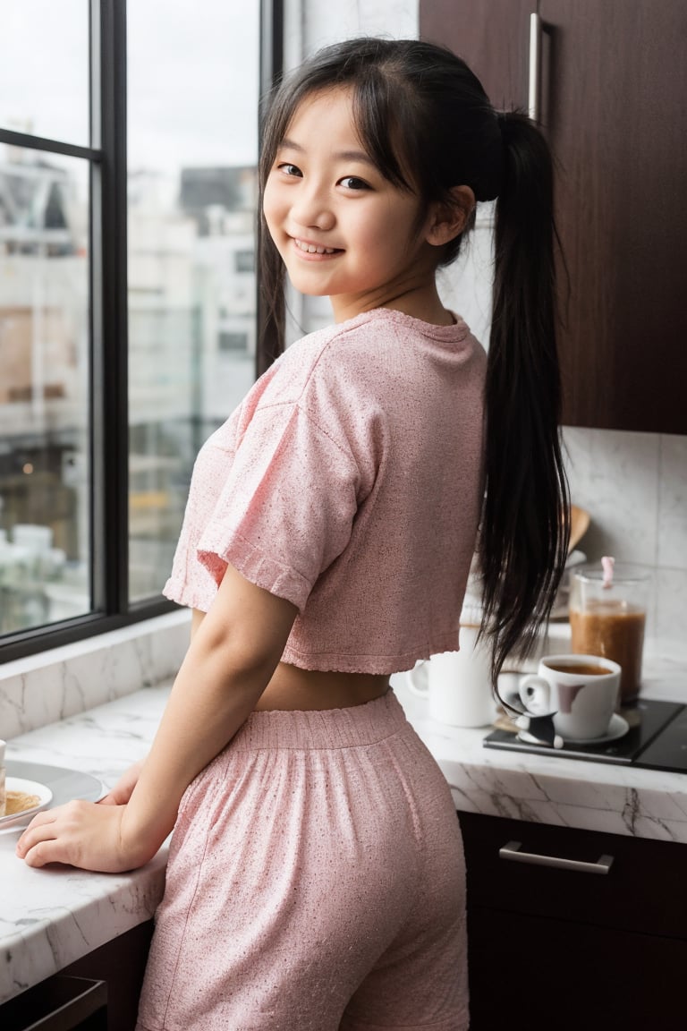 (4k), (masterpiece), (best quality),(extremely intricate), (realistic), (sharp focus), (award winning), (cinematic lighting), (extremely detailed), (epic), kitchen, window showing city scene, from back, f1l1p1no, 13 year old girl, long hair, twin tails, black hair, black eyes, cute smile, cute eyes, smile, happy, Wearing two-piece pink pajamas, midriff, morning routine, breakfast, coffee