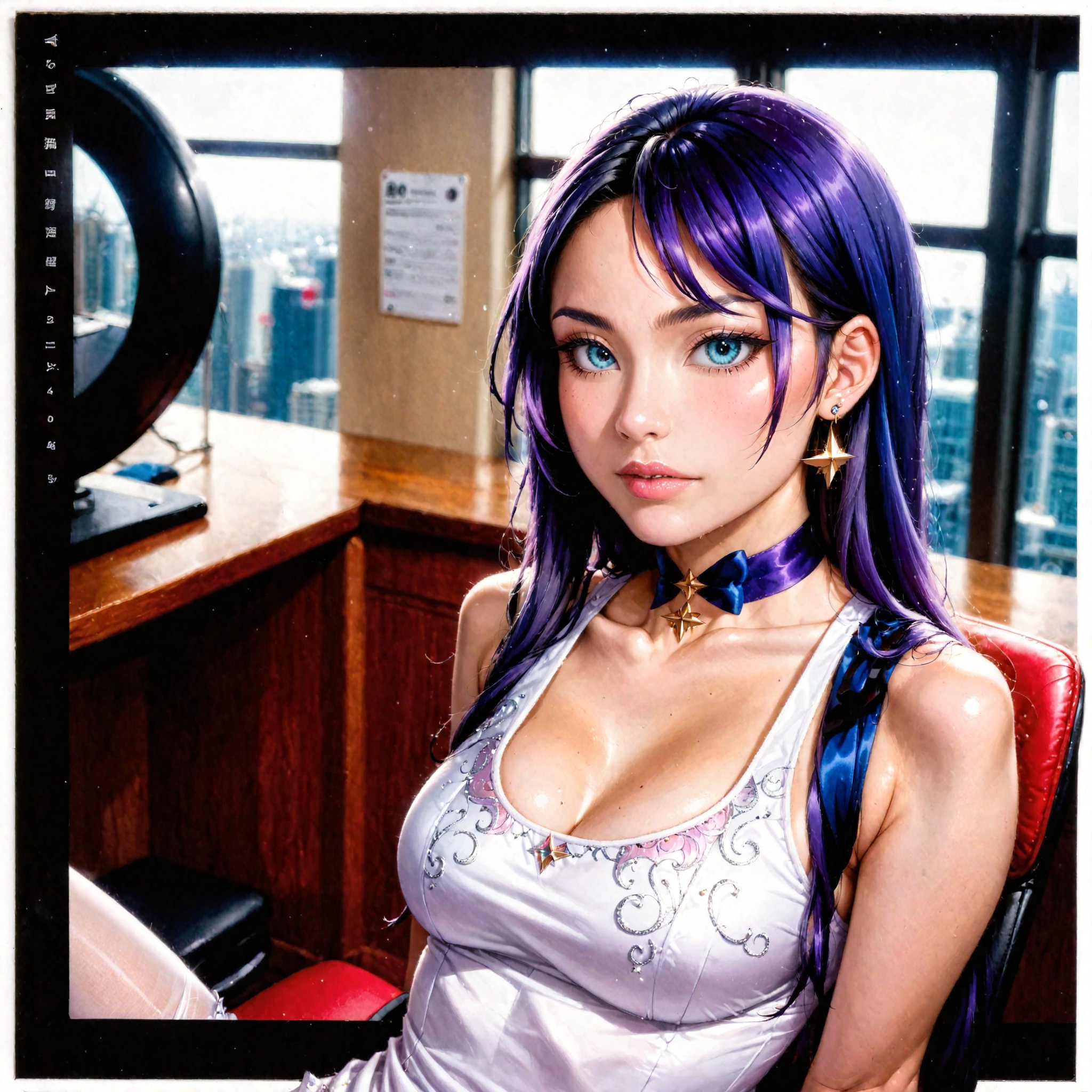 1girl, solo, raiden mei, working in an office, sitting on a chair, viewed from above, birds aerial view, viewed from side, pantyhose, earrings, layered dress, ribbon choker, tank top, detached sleeves, ((long hair):1.2), ([black hair|purple hair]), beautiful long legs, hyperrealistic:1.2, realistic, raw photo, award-winning photo, hd 8k, high resolution, mesmerizing composition, perfect details, intricate details, ethereal glamorously beautiful face, porcelain skin tone, soft bokeh, depth of field, high saturation, inspired by vogue magazine cover, photo_b00ster,mona