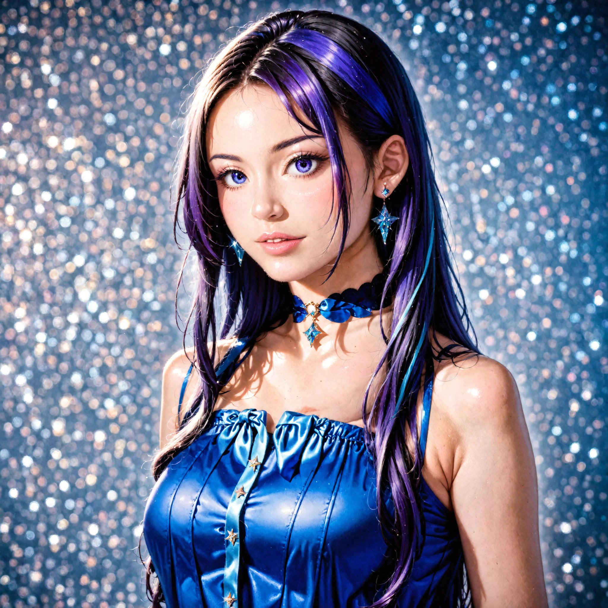 1girl, a Japanese witch girl,cyan fire hair, high quality, high resolution, high precision, realism, color correction, proper lighting settings, harmonious composition.solo, raiden mei, , earrings, ribbon choker, ((long hair):1.2), ([black hair|purple hair]), beautiful long legs, hyperrealistic:1.2, realistic, raw photo, award-winning photo, hd 8k, high resolution, mesmerizing composition, perfect details, intricate details, ethereal glamorously beautiful face, porcelain skin tone, soft bokeh, depth of field, high saturation, inspired by vogue magazine cover, photo_b00ster