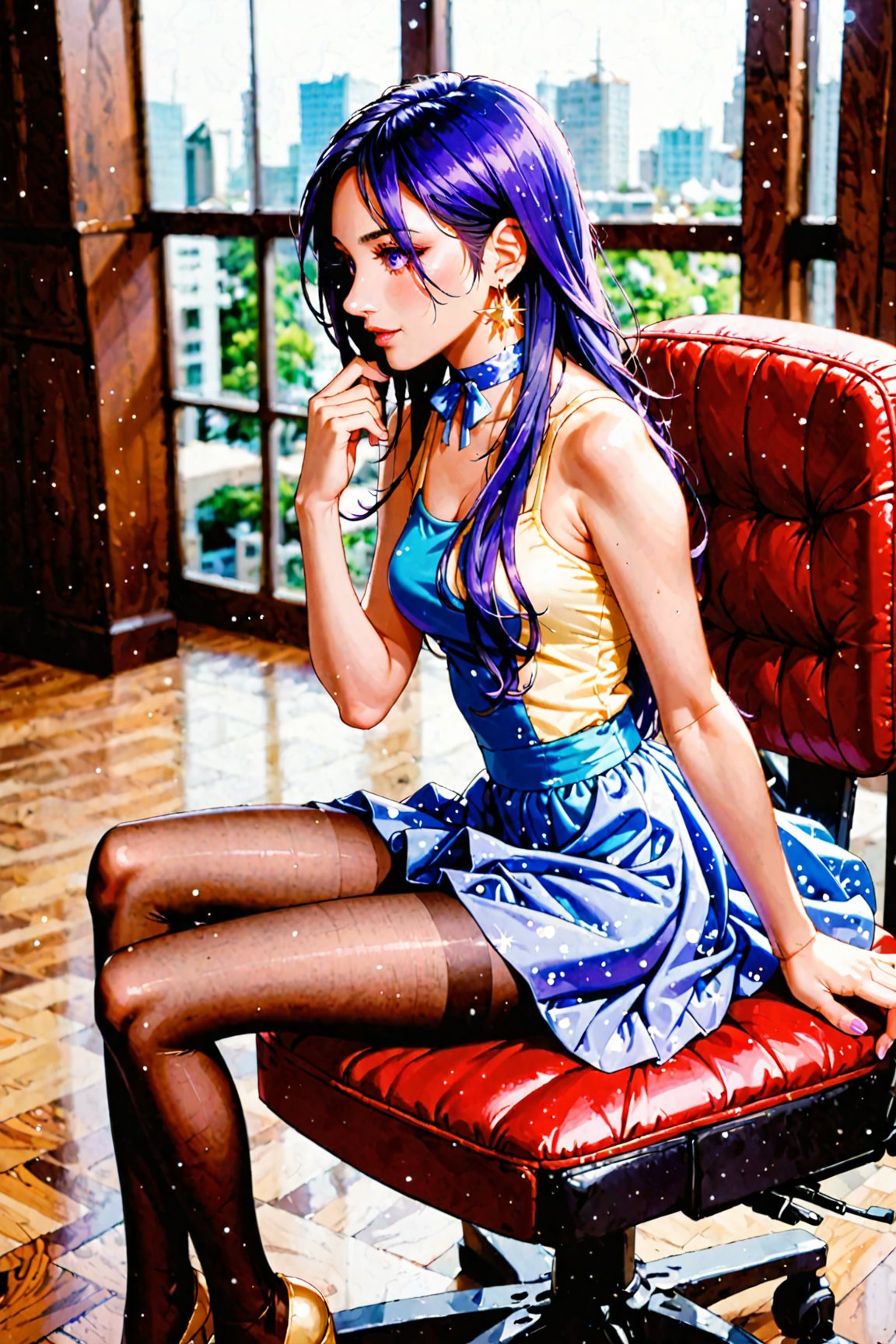 1girl, solo, raiden mei, working in an office, sitting on a chair, viewed from above, birds aerial view, viewed from side, pantyhose, earrings, layered dress, ribbon choker, tank top, detached sleeves, ((long hair):1.2), ([black hair|purple hair]), beautiful long legs, hyperrealistic:1.2, realistic, raw photo, award-winning photo, hd 8k, high resolution, mesmerizing composition, perfect details, intricate details, ethereal glamorously beautiful face, porcelain skin tone, soft bokeh, depth of field, high saturation, inspired by vogue magazine cover, photo_b00ster