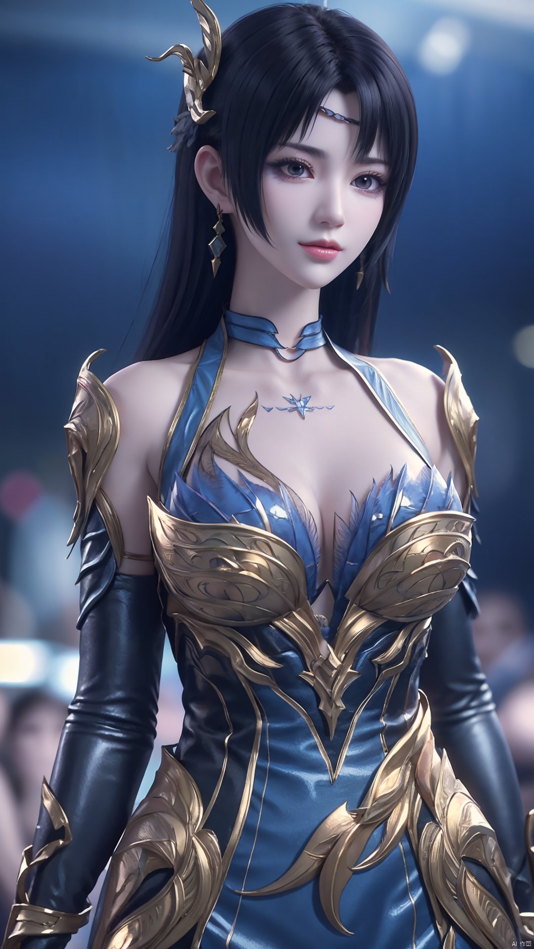  1girl, hair ornament, jewelry, long hair, braid, purple eyes, make_up, earrings, blue dress, mischevious smile, perfect body, scenery, sharp focus, best quality, masterpiece, detailed outfit, illustration, perfect eyes, finely detailed beautiful anime eyes, realistic skin, intricate details, best lighting, depth of field, ultra high resolution,cowboy_shot, dynamic pose, dynamic angle,