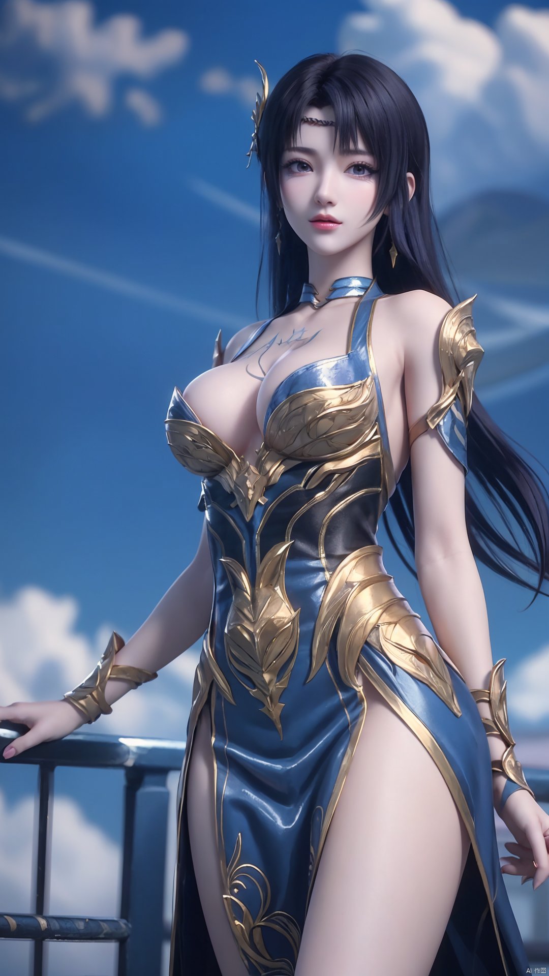  1girl, hair ornament, jewelry, long hair, braid, purple eyes, earrings, blue dress, bare legs, mischevious smile, perfect body, scenery, sharp focus, best quality, masterpiece, detailed outfit, illustration, perfect eyes, finely detailed beautiful anime eyes, realistic skin, intricate details, best lighting, depth of field, ultra high resolution,cowboy_shot, dynamic pose, dynamic angle,