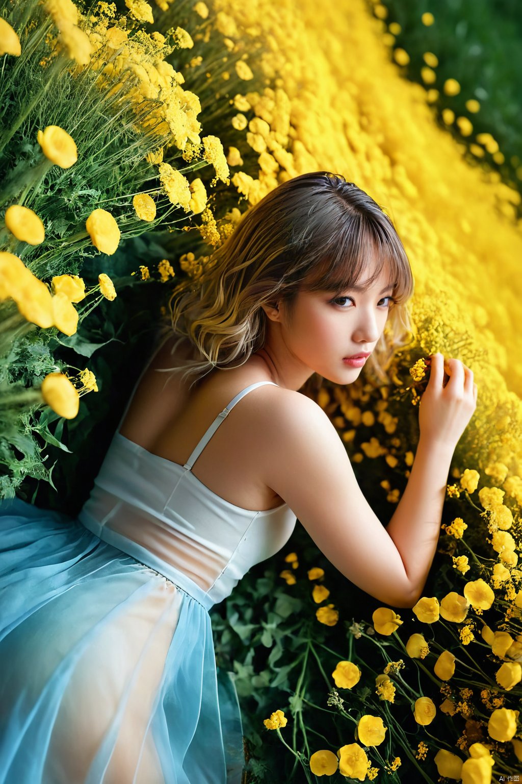  1 girl,(gradient hair:1.4) , gradient clothes,(rape flower) , sea of flowers, white transparent skin, seen from above,using lots of yellow flowers, soft light, masterpiece, best quality, 8K, HDR, flowers, gradient, Z03C