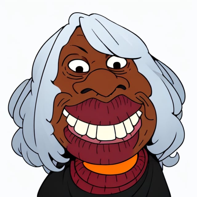 1girl, (obese), black woman, long_wig, makeup, jewelry, teeth, gigantic_nose, red gigantic_lips, portrait, white backdrop, ("wojak caricature" style), (highres, best quality, masterpiece:1.2), sheeeit
