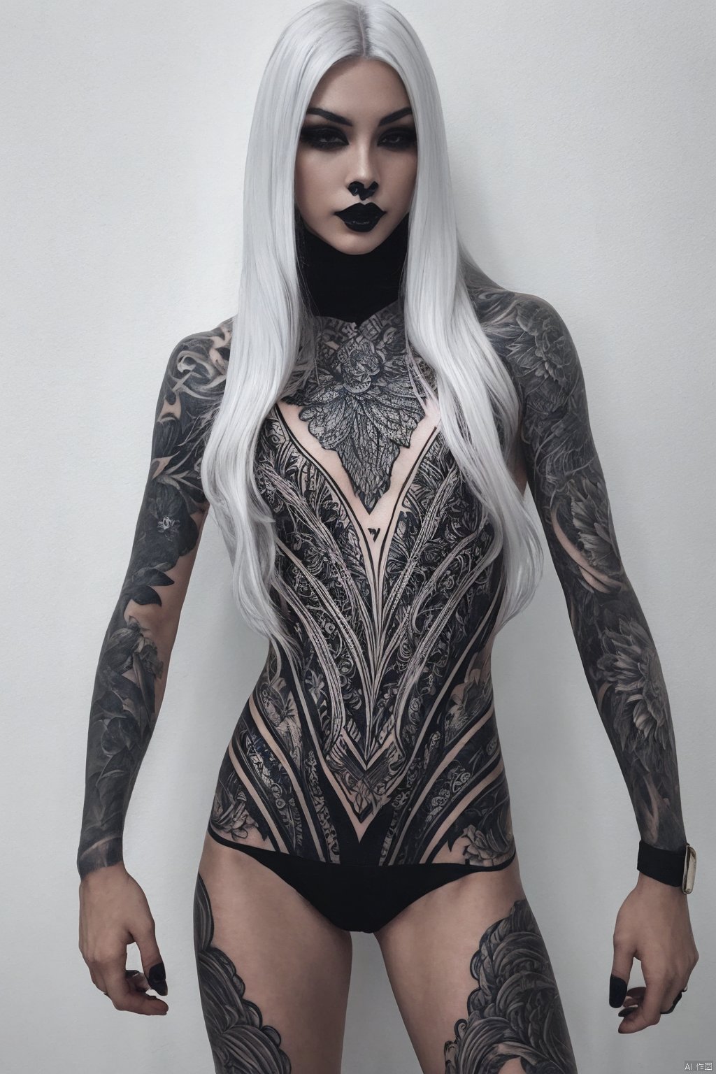 young woman, tattoos, blackwork,long white hair, platinum hair, skinny,flat chest, make up, black lipstick,looking at viewer, dynamic pose, , tattoos blackwork