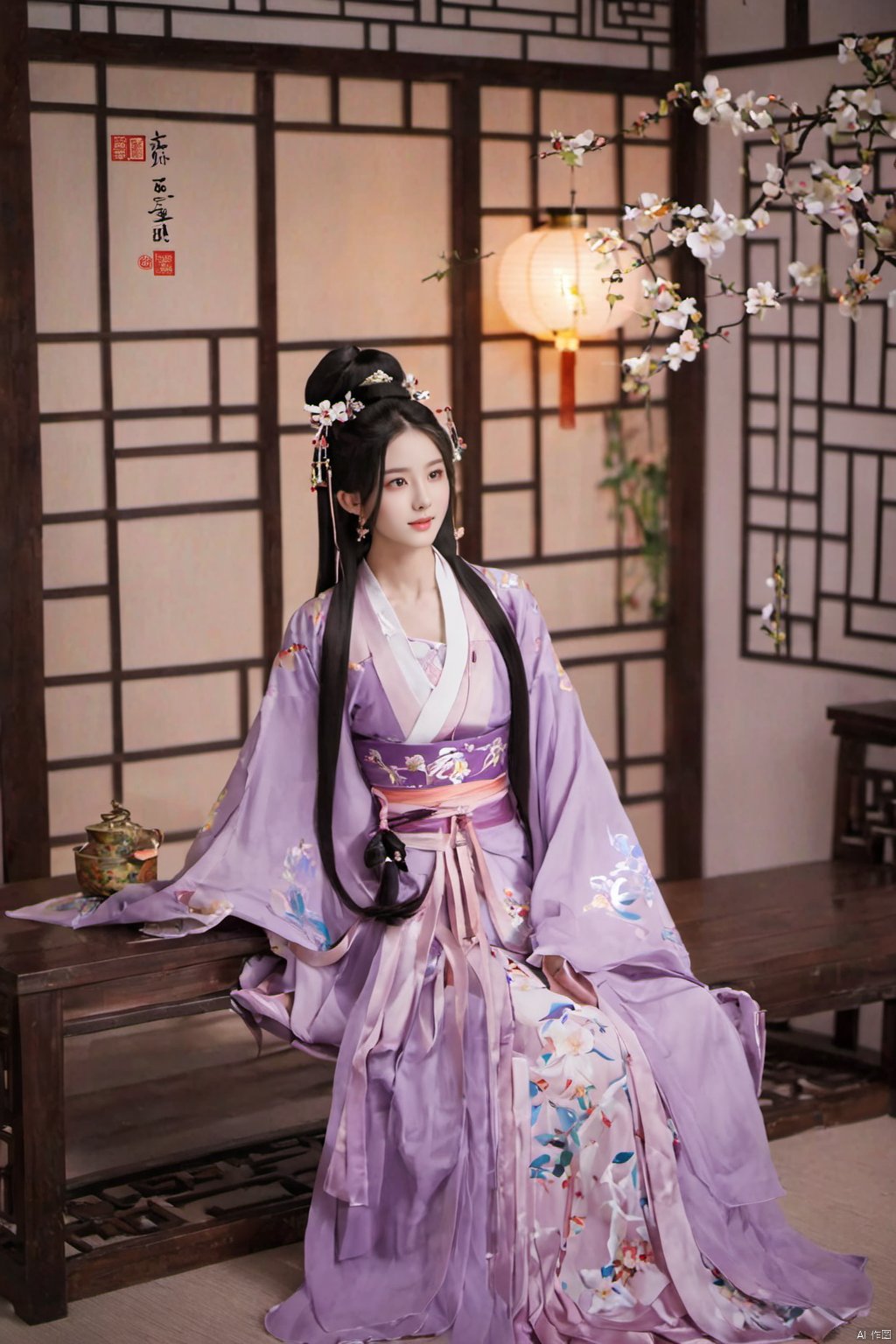  1girl, solo, long hair, black hair,Hairpins,necklace, hair ornament, dress, full body, flower, earrings, indoors, hair bun, (purple dress),(Tube top Hanfu long skirt:1.1), pillow, bed, night, chinese clothes, table, branch,daxiushan, ,daxiushan style,(huge breasts:1.69), (full breasts:1.59), realistic,hanfu, daxiushan,Shoulders are exposed, , daxiushan, arien_hanfu, FilmGirl