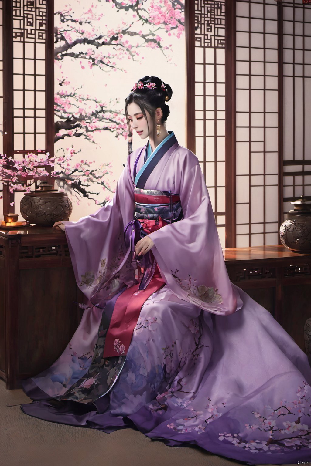  1girl, solo, long hair, black hair,Hairpins,necklace, hair ornament, dress, full body, flower, earrings, indoors, hair bun, (purple dress),(Tube top Hanfu long skirt:1.1), pillow, bed, night, chinese clothes, table, branch,daxiushan, ,daxiushan style,(huge breasts:1.69), (full breasts:1.59), realistic,hanfu, daxiushan,Shoulders are exposed, , daxiushan, arien_hanfu, FilmGirl