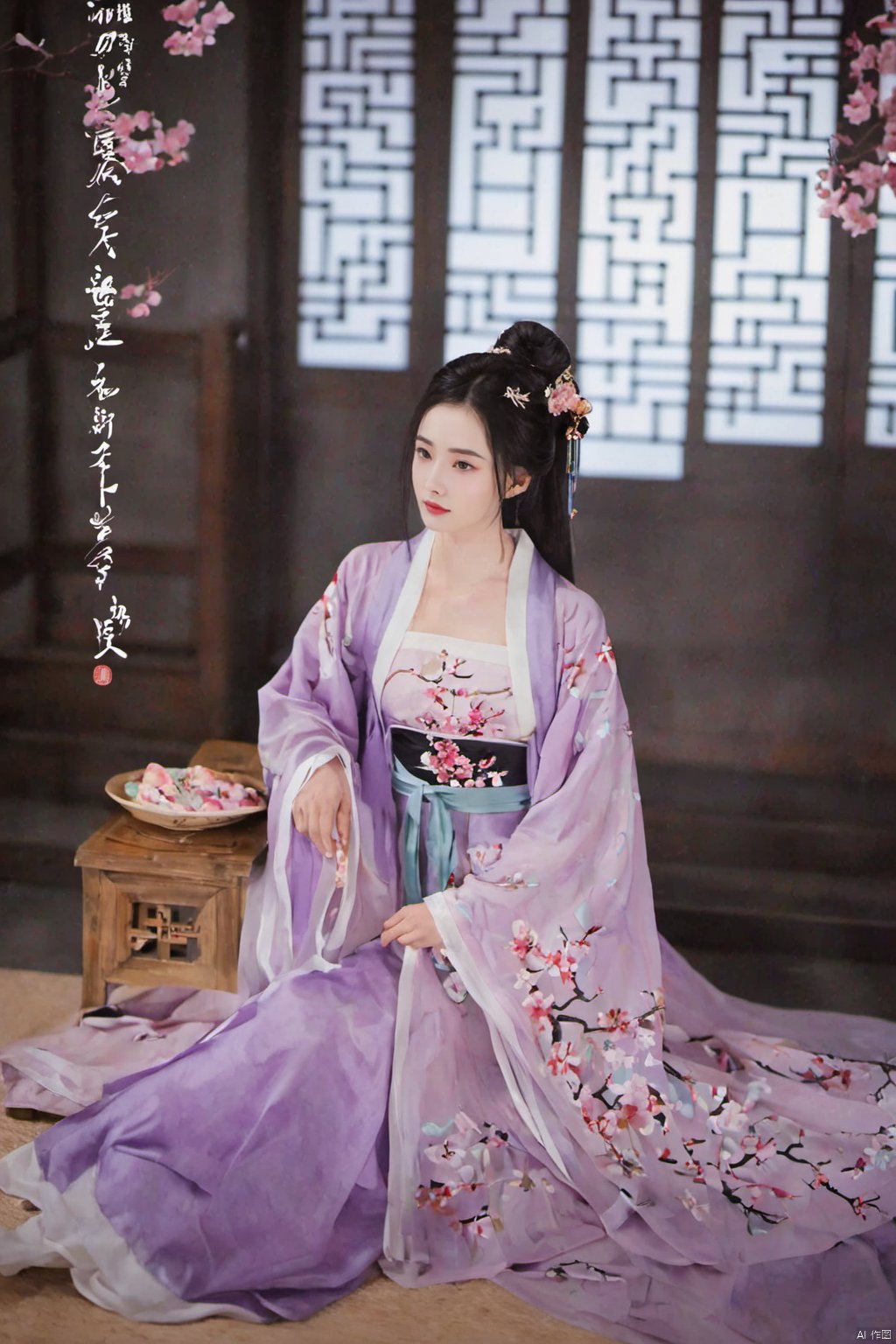  1girl, solo, long hair, black hair,Hairpins,necklace, hair ornament, dress, full body, flower, earrings, indoors, hair bun, (purple dress),(Tube top Hanfu long skirt:1.1), pillow, bed, night, chinese clothes, table, branch,daxiushan, ,daxiushan style,(huge breasts:1.69), (full breasts:1.59), realistic,hanfu, daxiushan,Shoulders are exposed, , daxiushan, arien_hanfu, FilmGirl