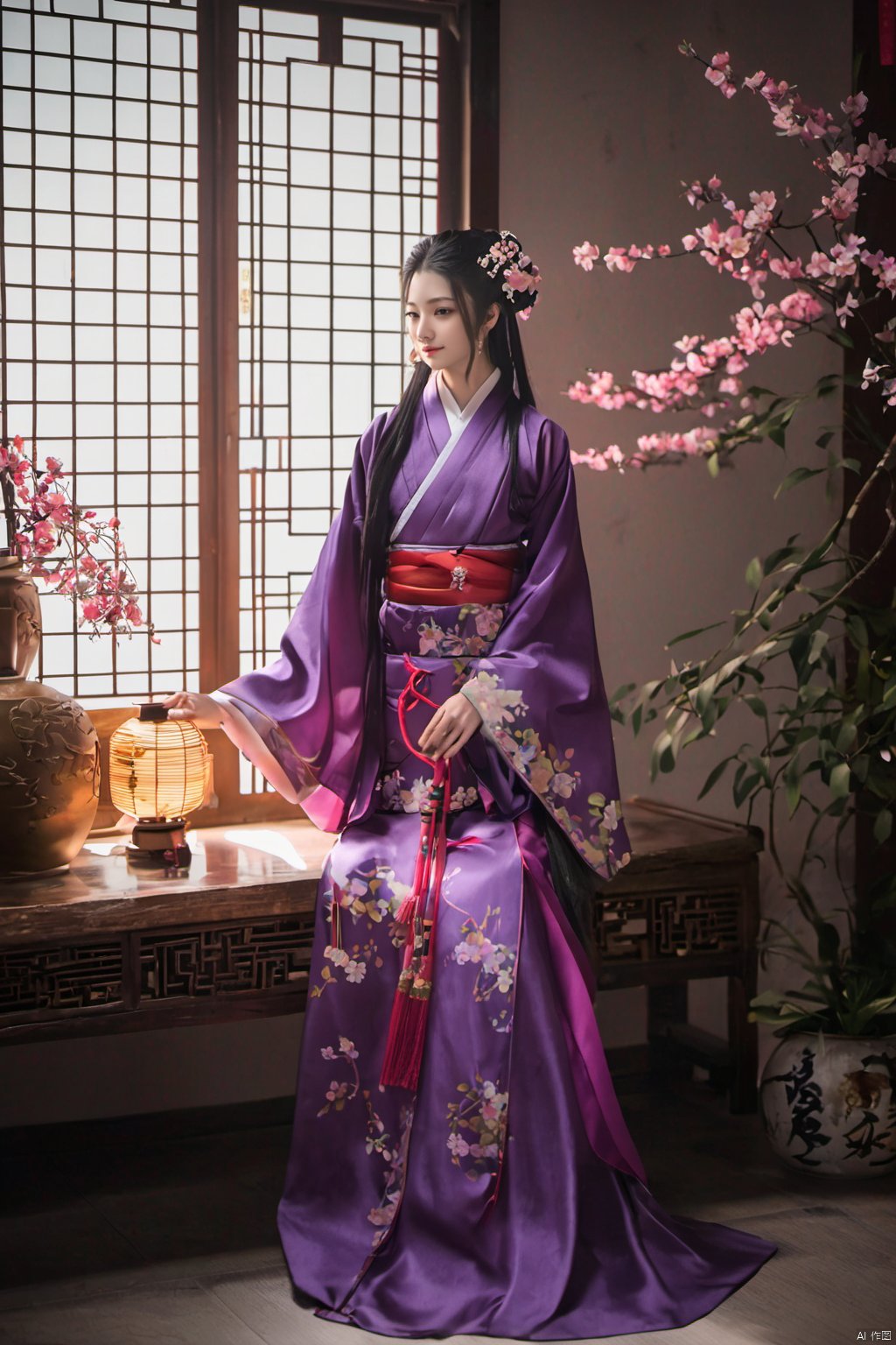  1girl, solo, long hair, black hair,Hairpins,necklace, hair ornament, dress, full body, flower, earrings, indoors, hair bun, (purple dress),(Tube top Hanfu long skirt:1.1), pillow, bed, night, chinese clothes, table, branch,daxiushan, ,daxiushan style,(huge breasts:1.69), (full breasts:1.59), realistic,hanfu, daxiushan,Shoulders are exposed, , daxiushan, arien_hanfu, FilmGirl