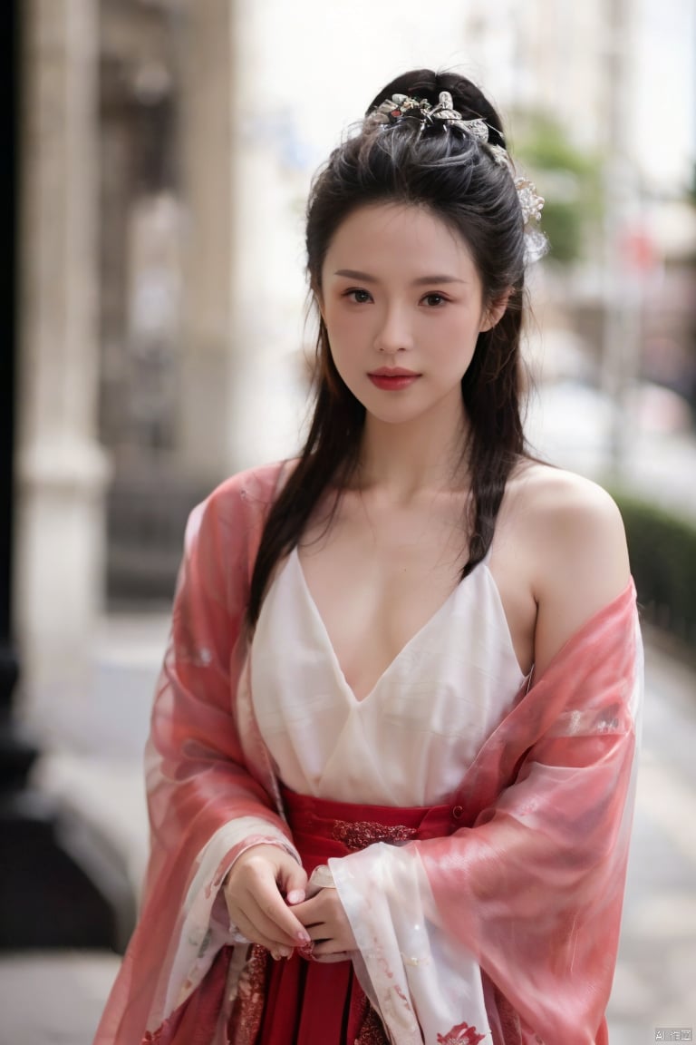  Surrealist beauty photo, a beautiful woman wearing complex and detailed colored clothes and future jewelry, low cut., Zhangziyi, hanfu