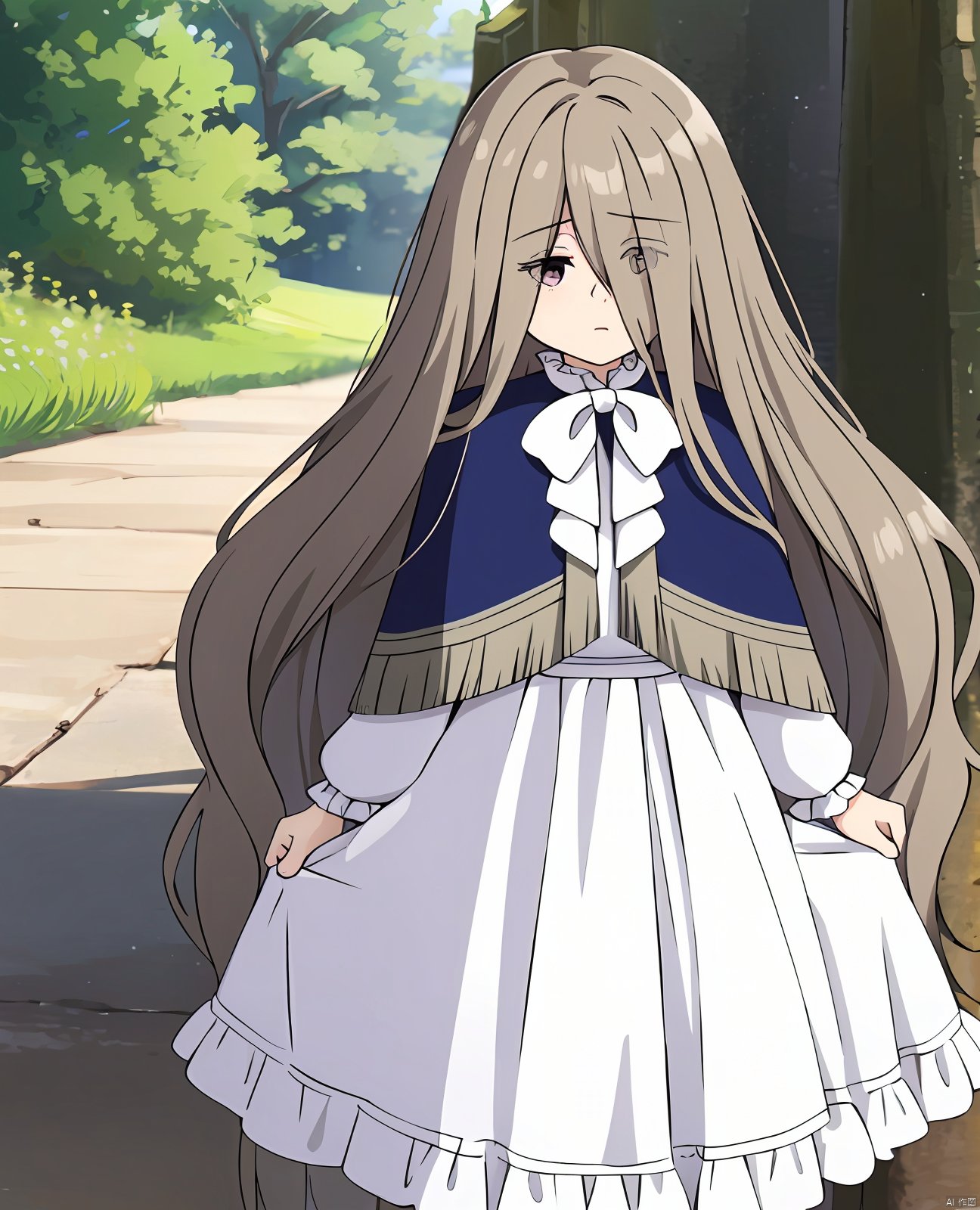  masterpiece,best quality,1girl,
(sense),(hair over one eye,hair between eyes),very long hair,wavy hair,hair tubes,capelet,frills,long dress,white dress,white bow,white bowtie,ribbon,long sleeves,long skirt,
outdoors