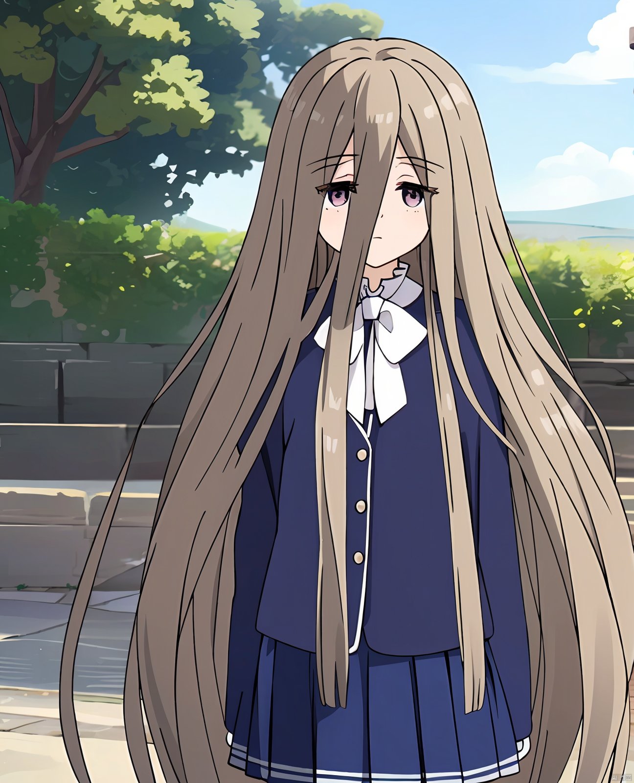  masterpiece,best quality,intricate detail,
1girl, very long hair,wavy hair, hair between eyes,hair tubes,school uniform, pleated skirt,
outdoors,