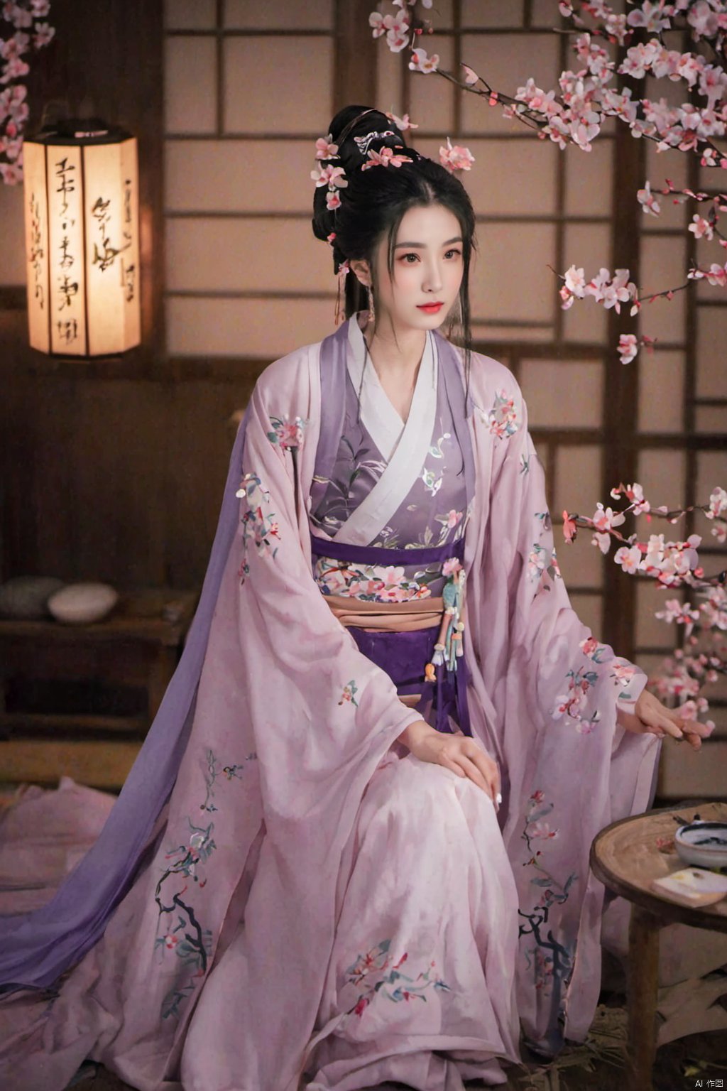  1girl, solo, long hair, black hair,Hairpins,necklace, hair ornament, dress, full body, flower, earrings, indoors, hair bun, (purple dress),(Tube top Hanfu long skirt:1.1), pillow, bed, night, chinese clothes, table, branch,daxiushan, ,daxiushan style,(huge breasts:1.69), (full breasts:1.59), realistic,hanfu, daxiushan,Shoulders are exposed, , daxiushan, arien_hanfu, FilmGirl