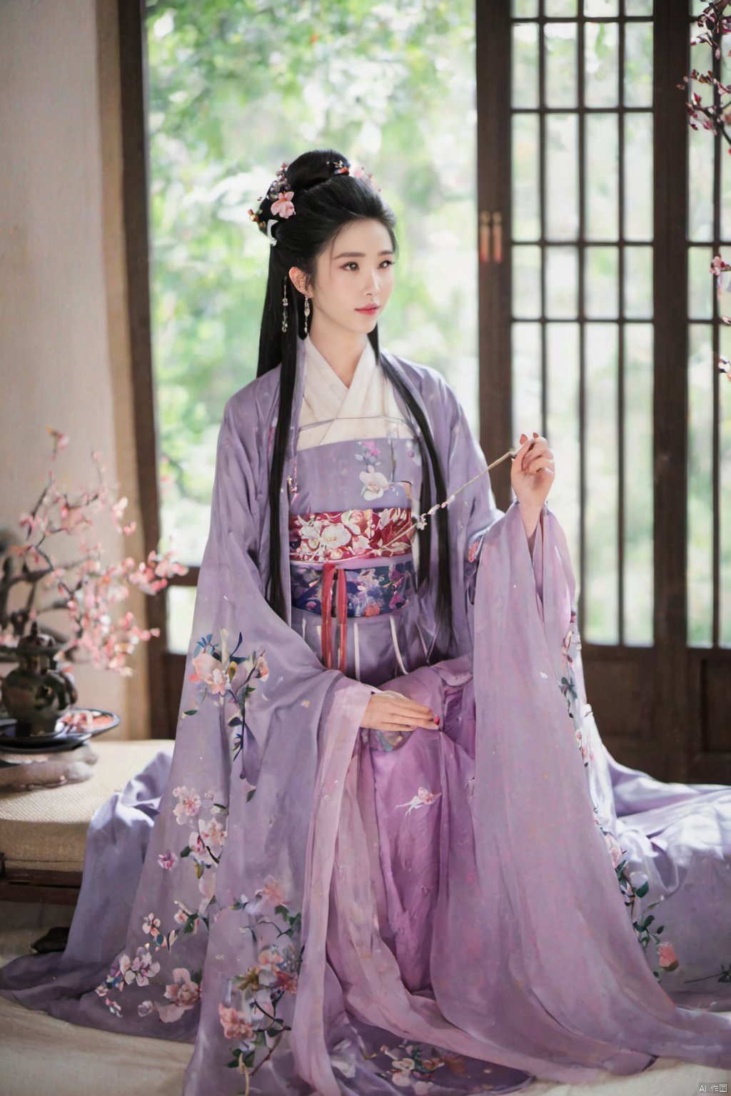  1girl, solo, long hair, black hair,Hairpins,necklace, hair ornament, dress, full body, flower, earrings, indoors, hair bun, (purple dress),(Tube top Hanfu long skirt:1.1), pillow, bed, night, chinese clothes, table, branch,daxiushan, ,daxiushan style,(huge breasts:1.69), (full breasts:1.59), realistic,hanfu, daxiushan,Shoulders are exposed, , daxiushan, arien_hanfu, FilmGirl