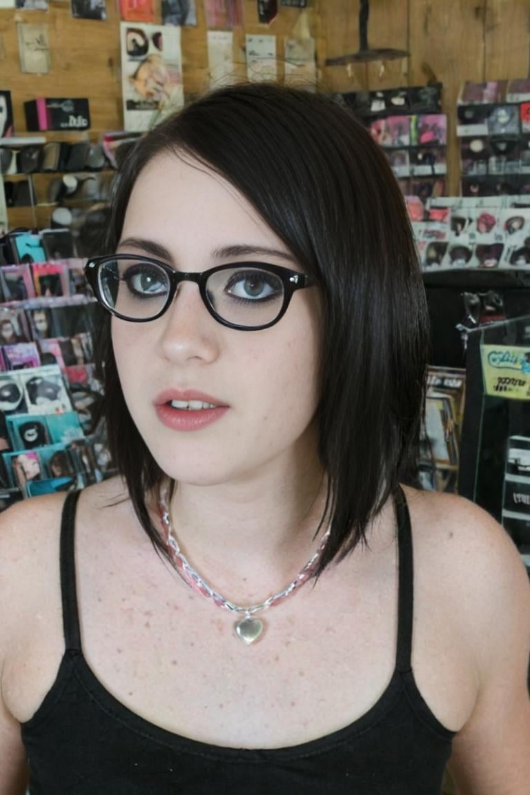 A Emo teenager in summer in a music vinyl shop, teen glasses, frecklesv1, black cloth, black emo makeup , black glasses, black hair bob cutting hair,  <lora:skin_tone_slider_v1:-2> <lora:AbeyL:1.0>