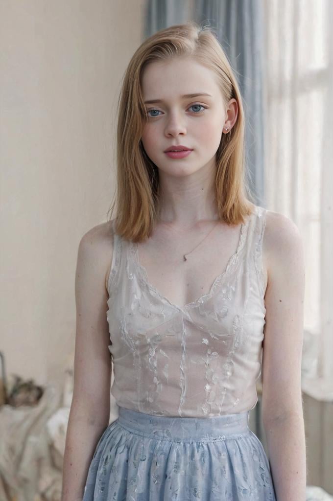 (((Medium close-up portrait,  view))), best quality, ultra high res,prefect anatomy, extremely intricate, 8k uhd, 1girl, (18 year old:1.5)  <lora:Ingda_Doe:1> pale skin, ginger hair,  naughty face, waist portrait <lora:khactu:1> solo, (((light blue see-through skirt))),  stand on bedroom, looking at viewer, blue eyes, seductive smile,  shaved pussy, pussy juice, large puffy areolae, with classic wallpaper and student room decorations with window,  f/1.4, 50mm, depth of field, focus on eyes ,  (((looking at viewer))),  seductive smile, best quality, ultra high res, extremely intricate, 8k uhd, 1girl,solo, indoor, bedroom  elegant-flower:0.3