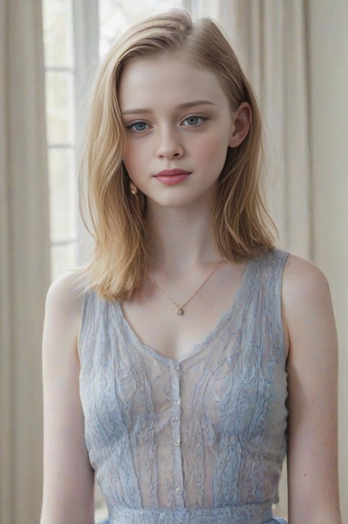 (((Medium close-up portrait,  view))), best quality, ultra high res,prefect anatomy, extremely intricate, 8k uhd, 1girl, (18 year old:1.5)  <lora:Ingda_Doe:1> pale skin, ginger hair,  naughty face, waist portrait <lora:khactu:1> solo, (((light blue see-through skirt))),  stand on bedroom, looking at viewer, blue eyes, seductive smile,  shaved pussy, pussy juice, large puffy areolae, with classic wallpaper and student room decorations with window,  f/1.4, 50mm, depth of field, focus on eyes ,  (((looking at viewer))),  seductive smile, best quality, ultra high res, extremely intricate, 8k uhd, 1girl,solo, indoor, bedroom  elegant-flower:0.3