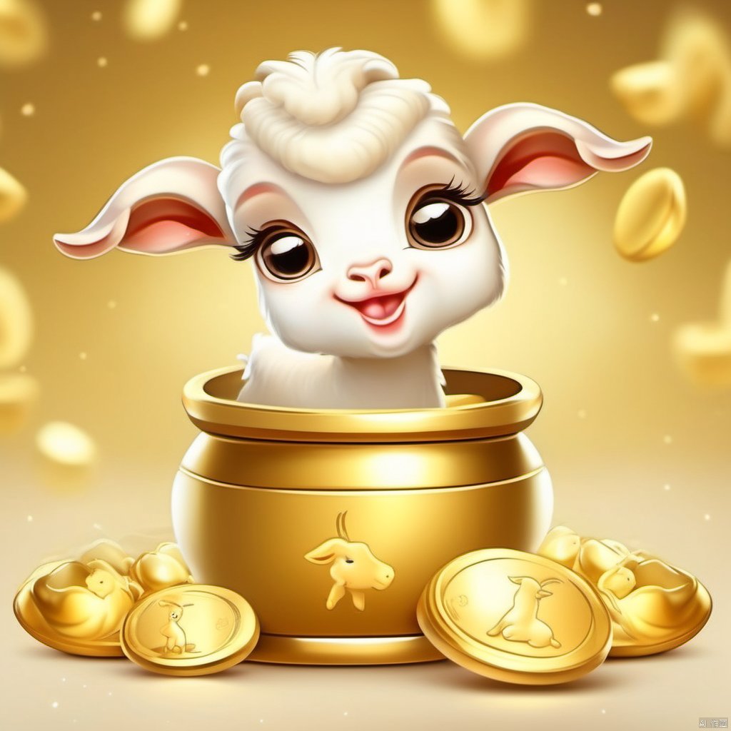 Cartoon version, cute beckoning baby goat, zodiac, background blur, gold ingots,