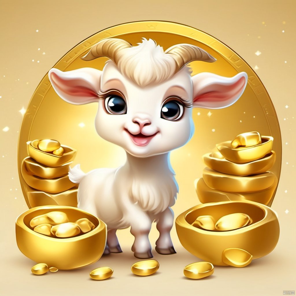 Cartoon version, cute beckoning baby goat, zodiac, background blur, gold ingots,