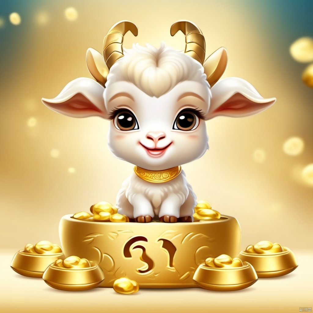 Cartoon version, cute beckoning baby goat, zodiac, background blur, gold ingots,