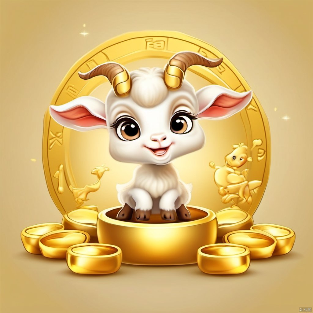 Cartoon version, cute beckoning baby goat, zodiac, background blur, gold ingots,