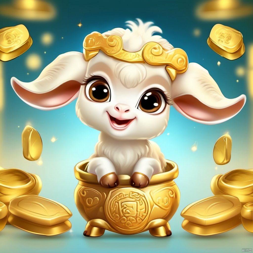 Cartoon version, cute beckoning baby goat, zodiac, background blur, gold ingots,