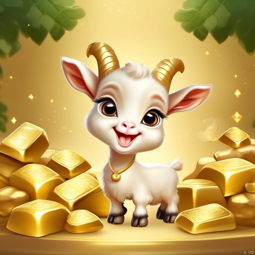 Cartoon version, cute beckoning baby goat, zodiac, background blur, gold ingots,