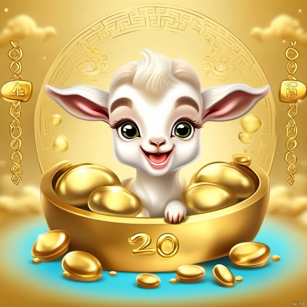 Cartoon version, cute beckoning baby goat, zodiac, background blur, gold ingots,