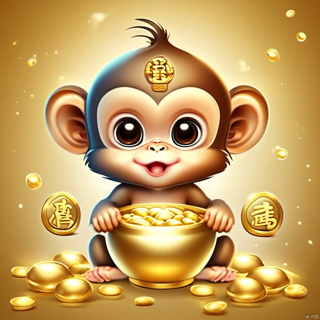 Cartoon version, cute beckoning monkey baby, zodiac, background blur, gold ingots,