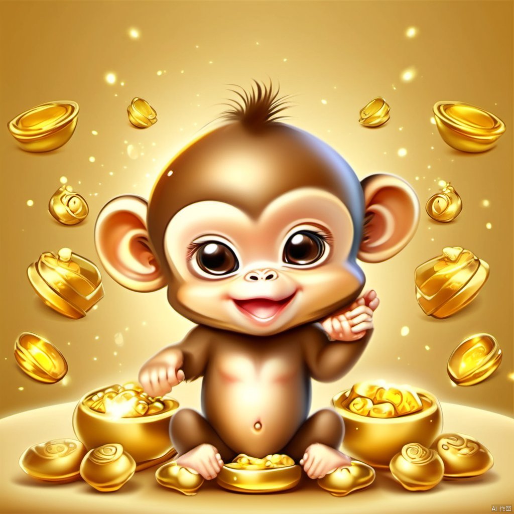 Cartoon version, cute beckoning monkey baby, zodiac, background blur, gold ingots,