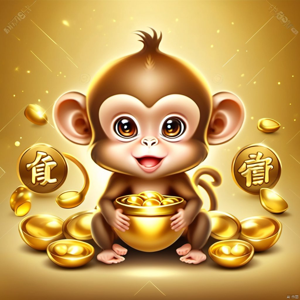 Cartoon version, cute beckoning monkey baby, zodiac, background blur, gold ingots,