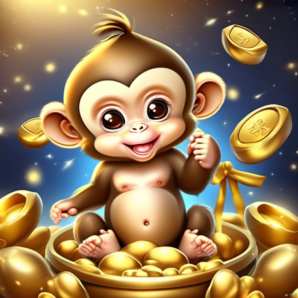 Cartoon version, cute beckoning monkey baby, zodiac, background blur, gold ingots,