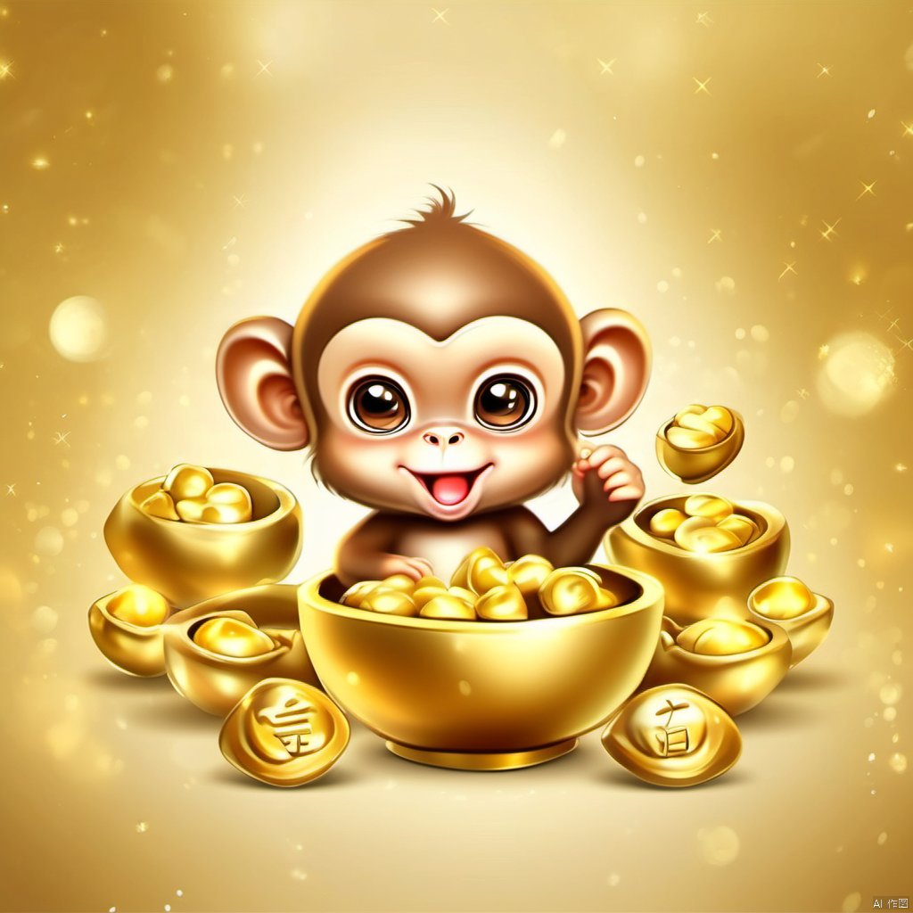 Cartoon version, cute beckoning monkey baby, zodiac, background blur, gold ingots,