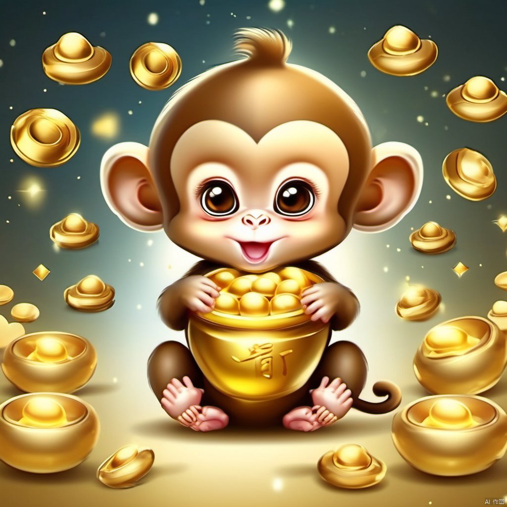 Cartoon version, cute beckoning monkey baby, zodiac, background blur, gold ingots,