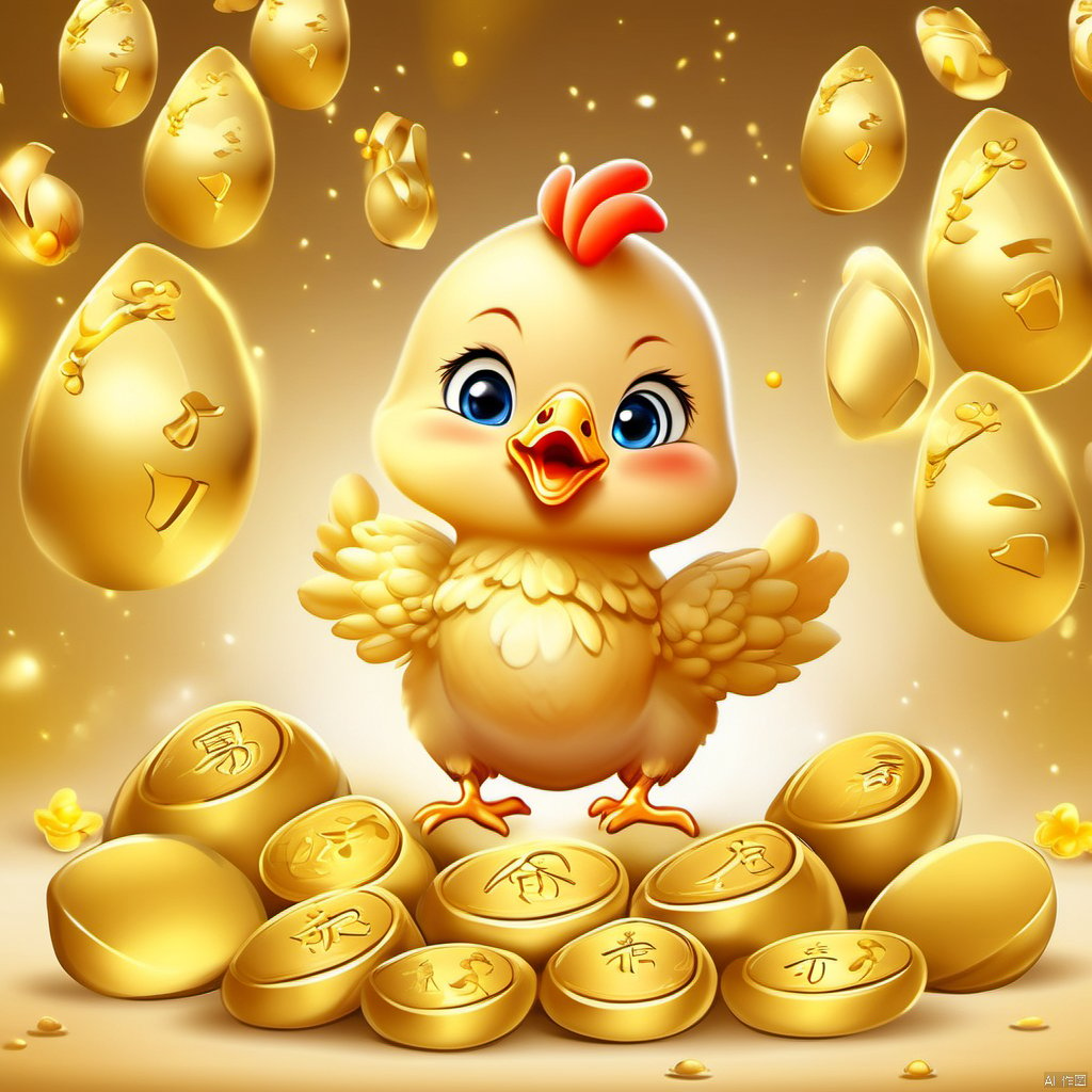 Cartoon version, cute beckoning baby chicken, zodiac, background blur, gold ingots,