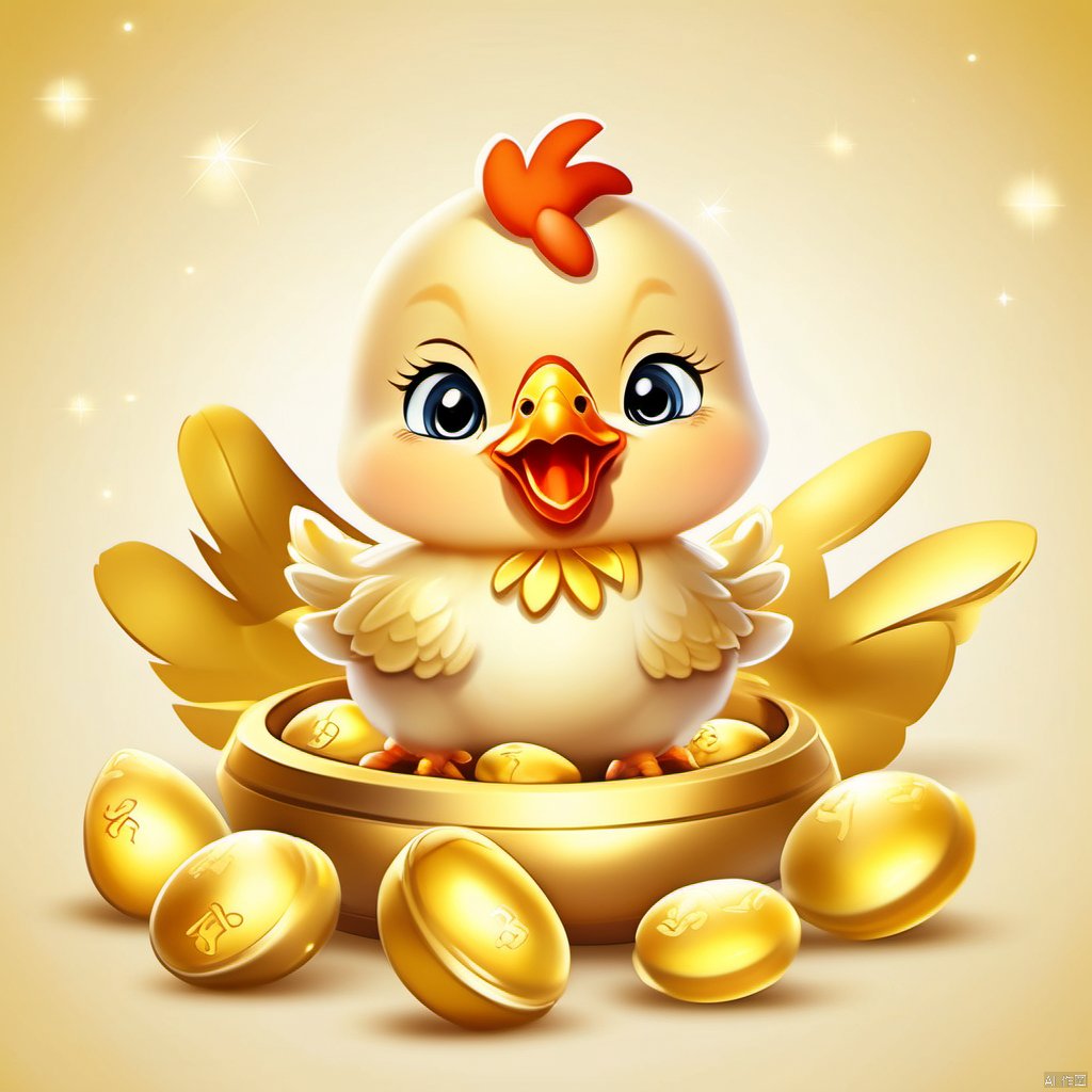 Cartoon version, cute beckoning baby chicken, zodiac, background blur, gold ingots,