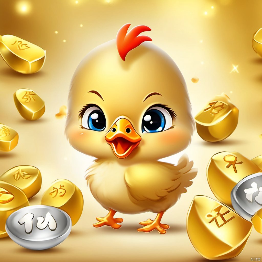 Cartoon version, cute beckoning baby chicken, zodiac, background blur, gold ingots,