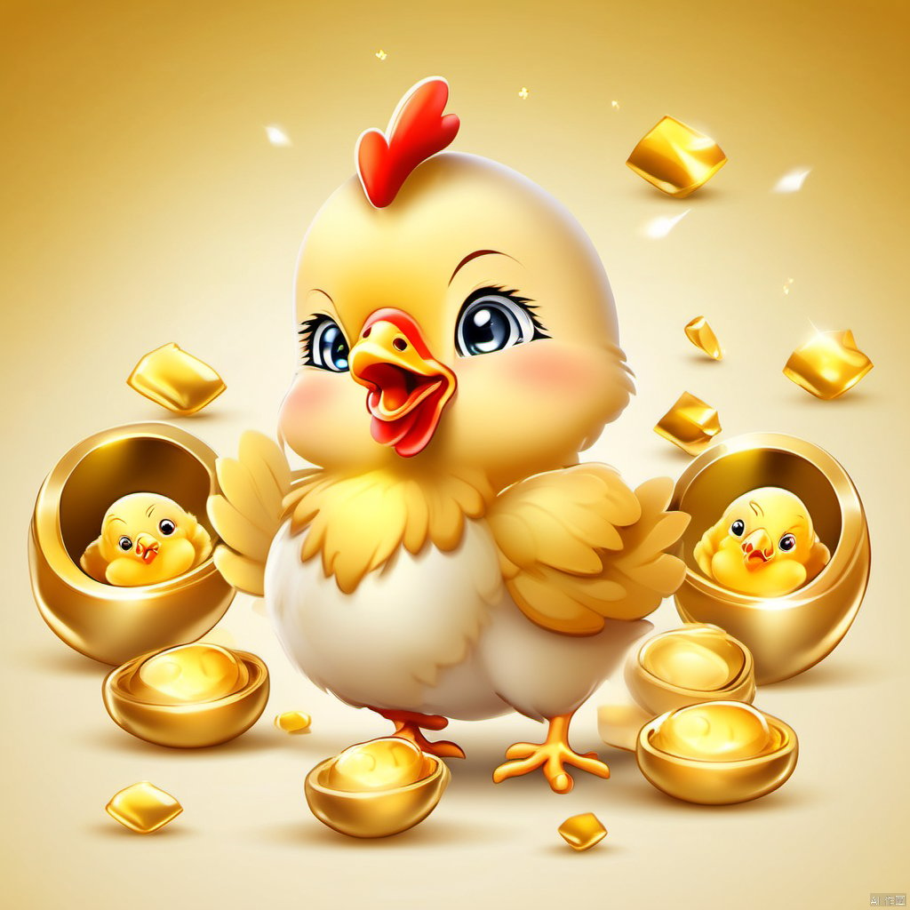 Cartoon version, cute beckoning baby chicken, zodiac, background blur, gold ingots,