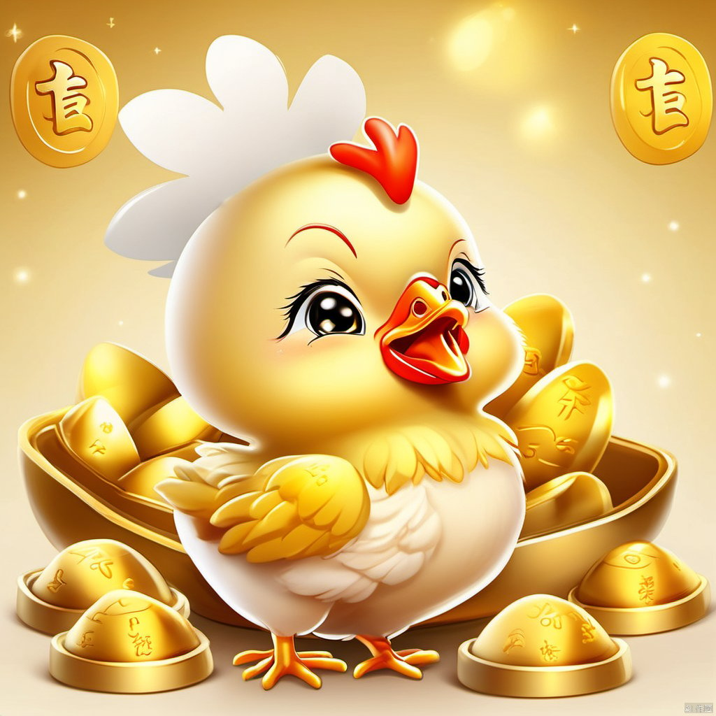 Cartoon version, cute beckoning baby chicken, zodiac, background blur, gold ingots,