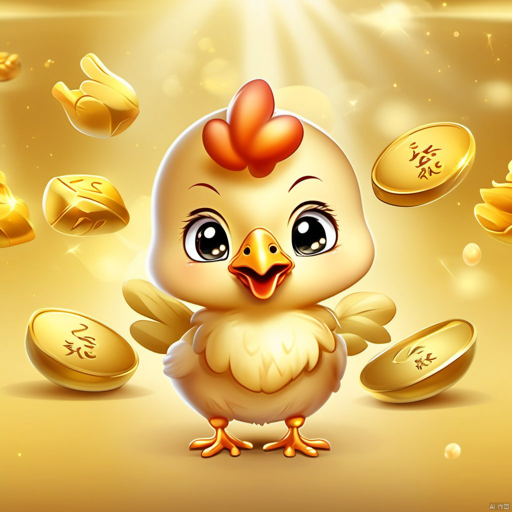 Cartoon version, cute beckoning baby chicken, zodiac, background blur, gold ingots,