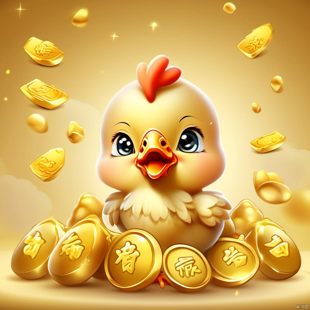 Cartoon version, cute beckoning baby chicken, zodiac, background blur, gold ingots,