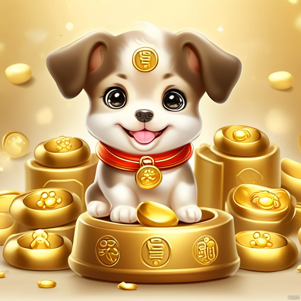 Cartoon version, cute beckoning dog baby, zodiac, background blur, gold ingots,