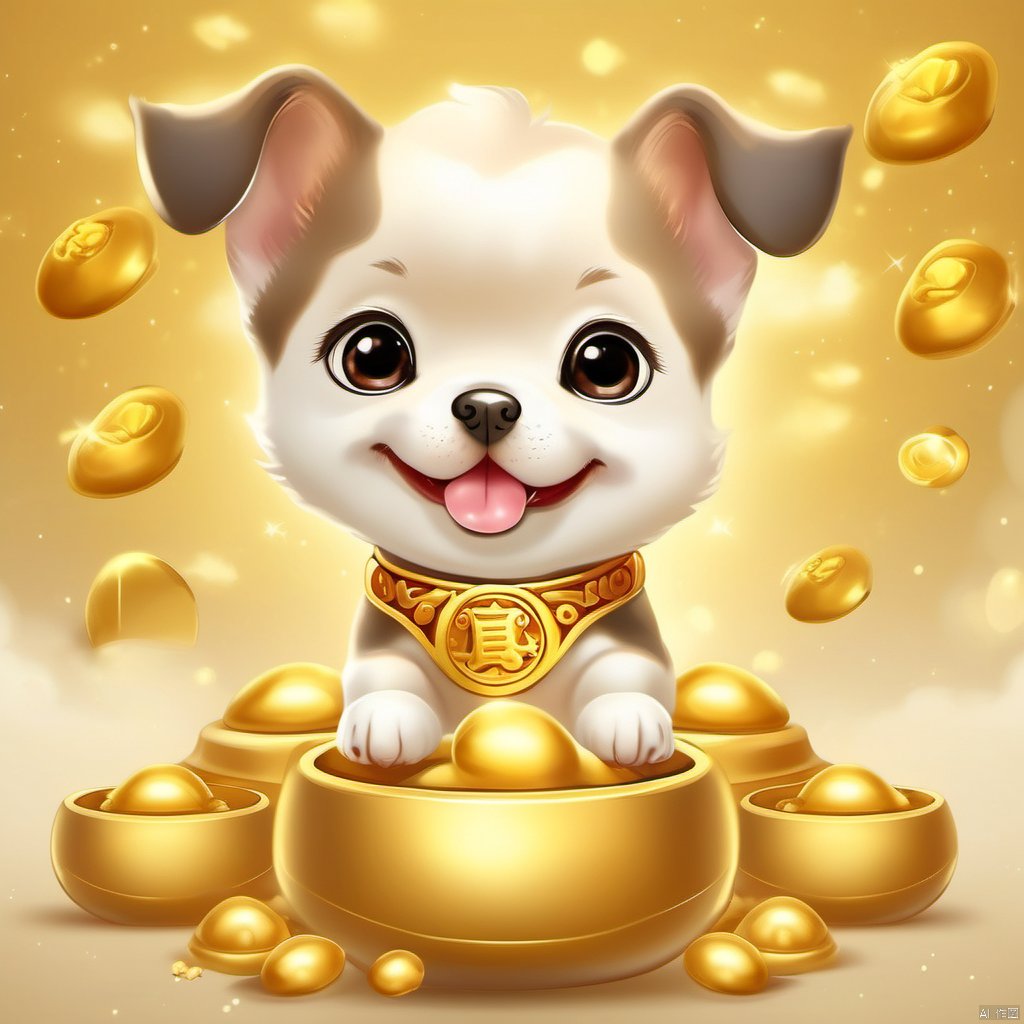 Cartoon version, cute beckoning dog baby, zodiac, background blur, gold ingots,