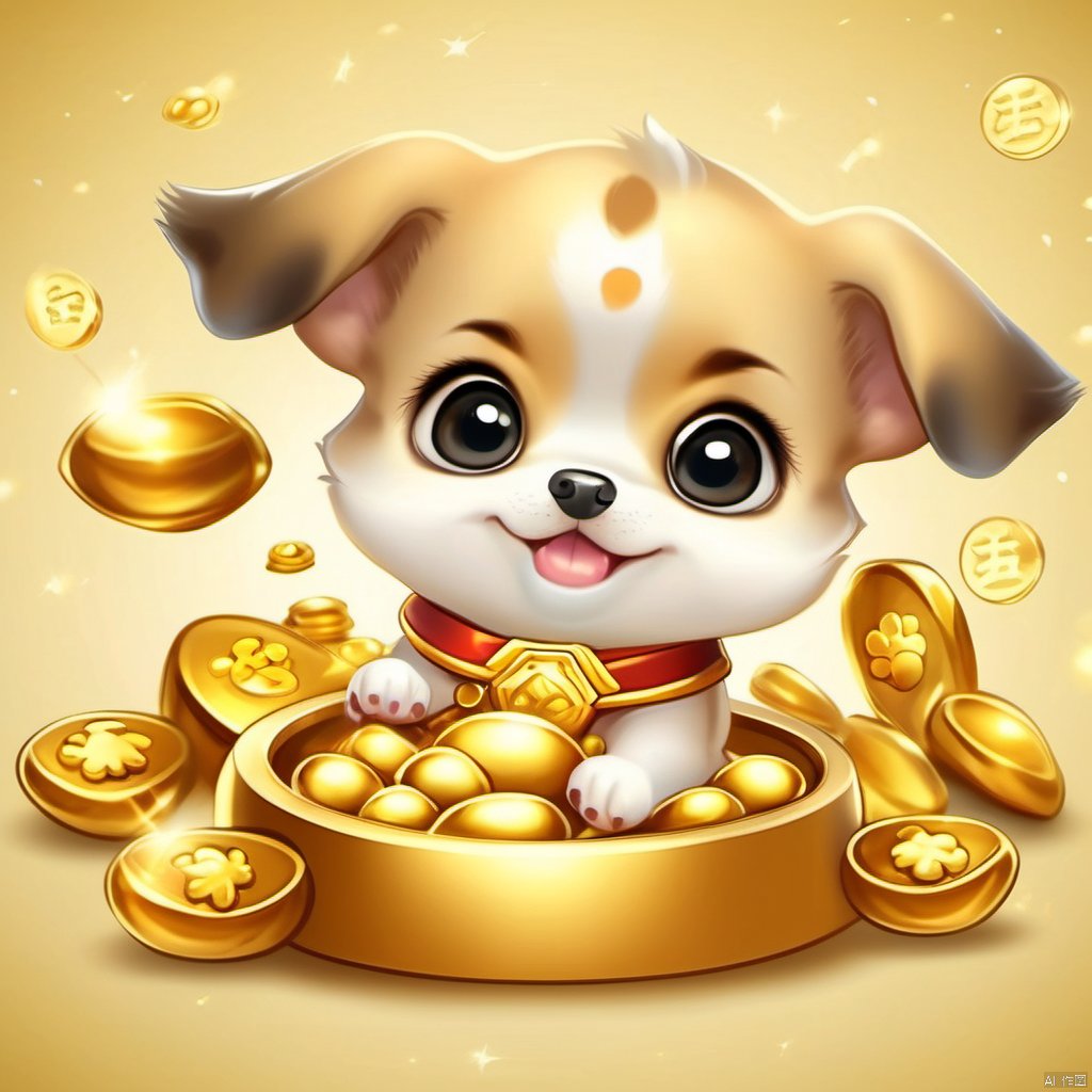 Cartoon version, cute beckoning dog baby, zodiac, background blur, gold ingots,