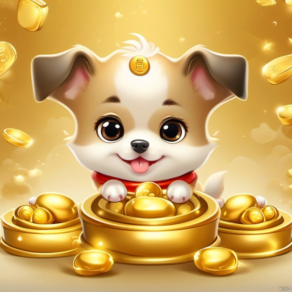 Cartoon version, cute beckoning dog baby, zodiac, background blur, gold ingots,