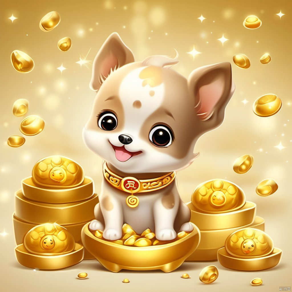 Cartoon version, cute beckoning dog baby, zodiac, background blur, gold ingots,