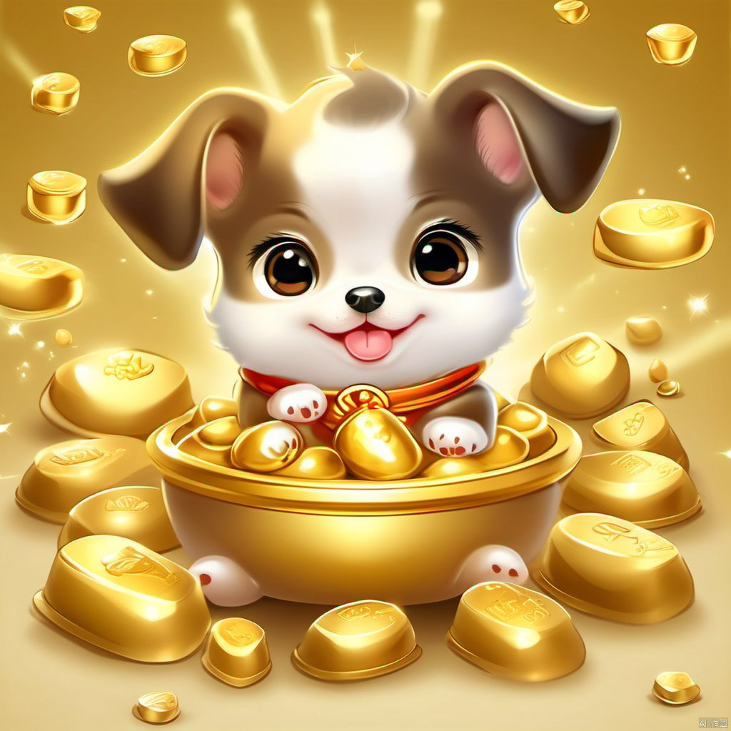 Cartoon version, cute beckoning dog baby, zodiac, background blur, gold ingots,