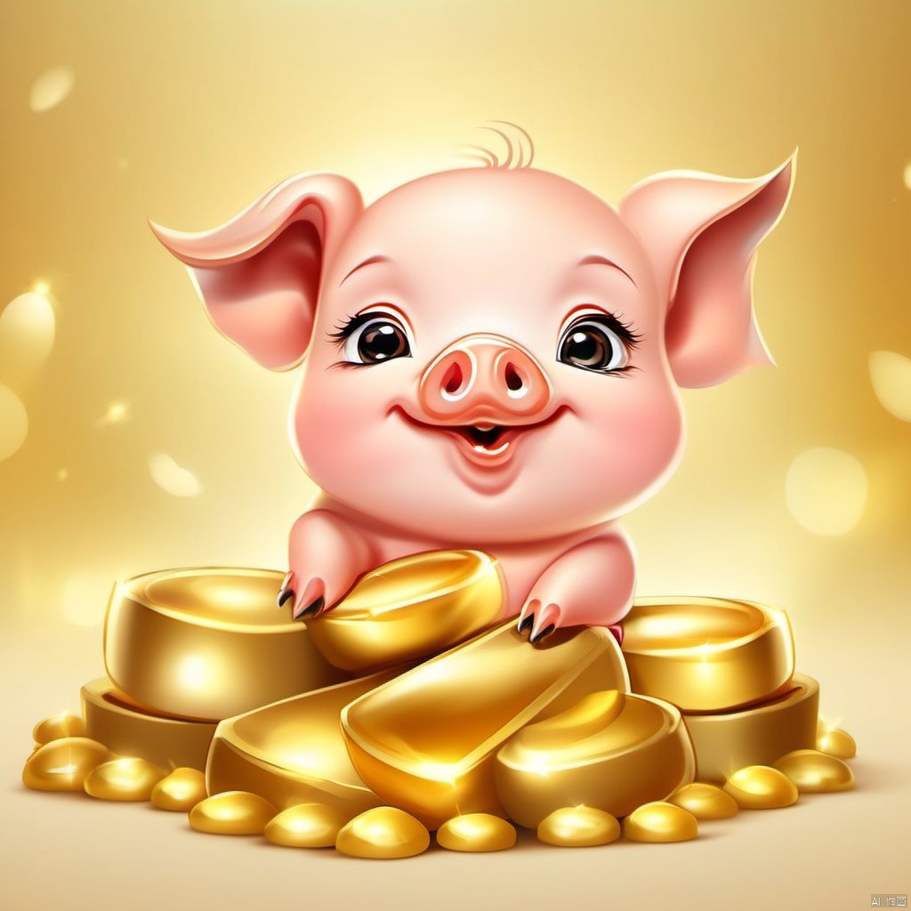 Cartoon version, cute beckoning pig baby, zodiac, background blur, gold ingots,