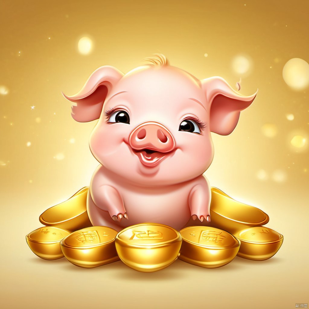 Cartoon version, cute beckoning pig baby, zodiac, background blur, gold ingots,