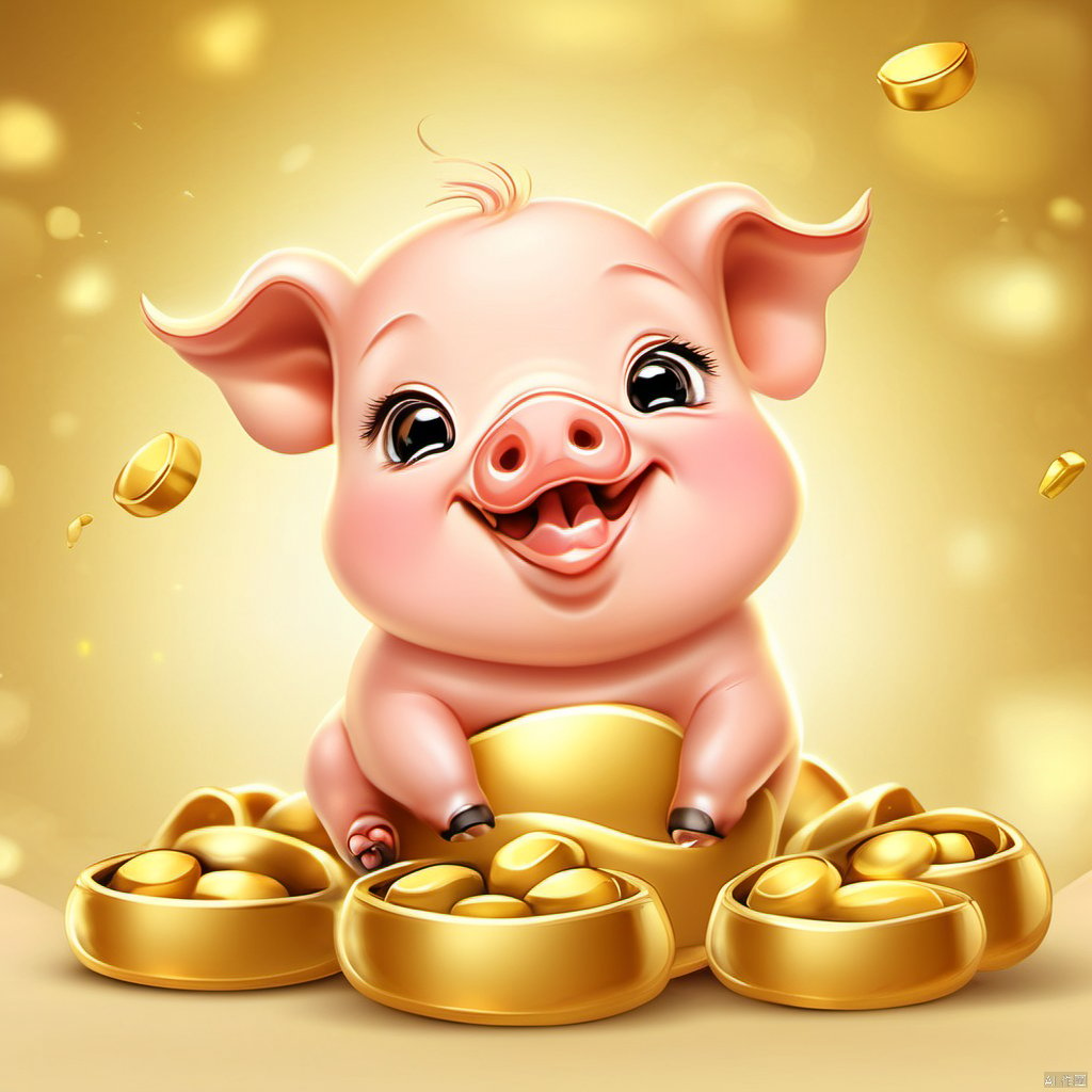 Cartoon version, cute beckoning pig baby, zodiac, background blur, gold ingots,